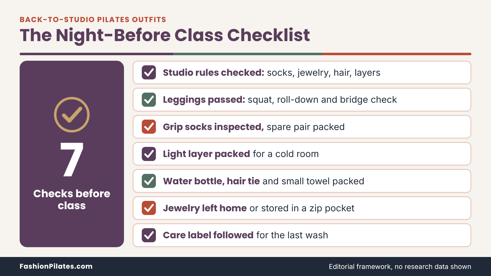Night-before checklist for back to studio Pilates outfits: studio rules, leggings, grip socks, layer, bag basics, jewelry.