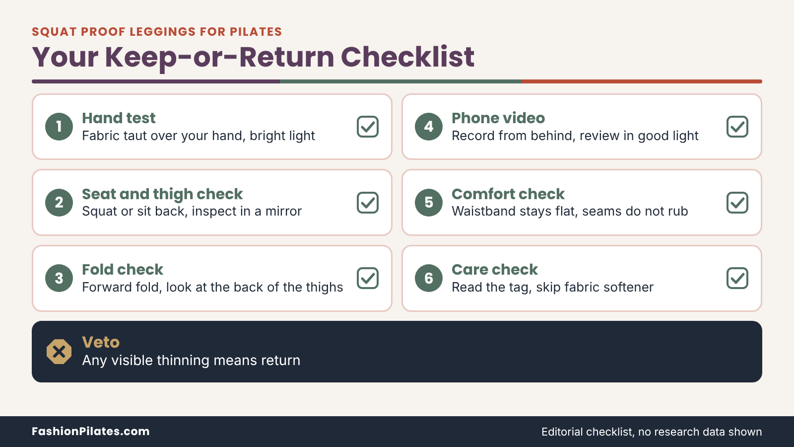 Six-step checklist for testing the best squat proof leggings for Pilates at home, ending with a rule to return thin pairs