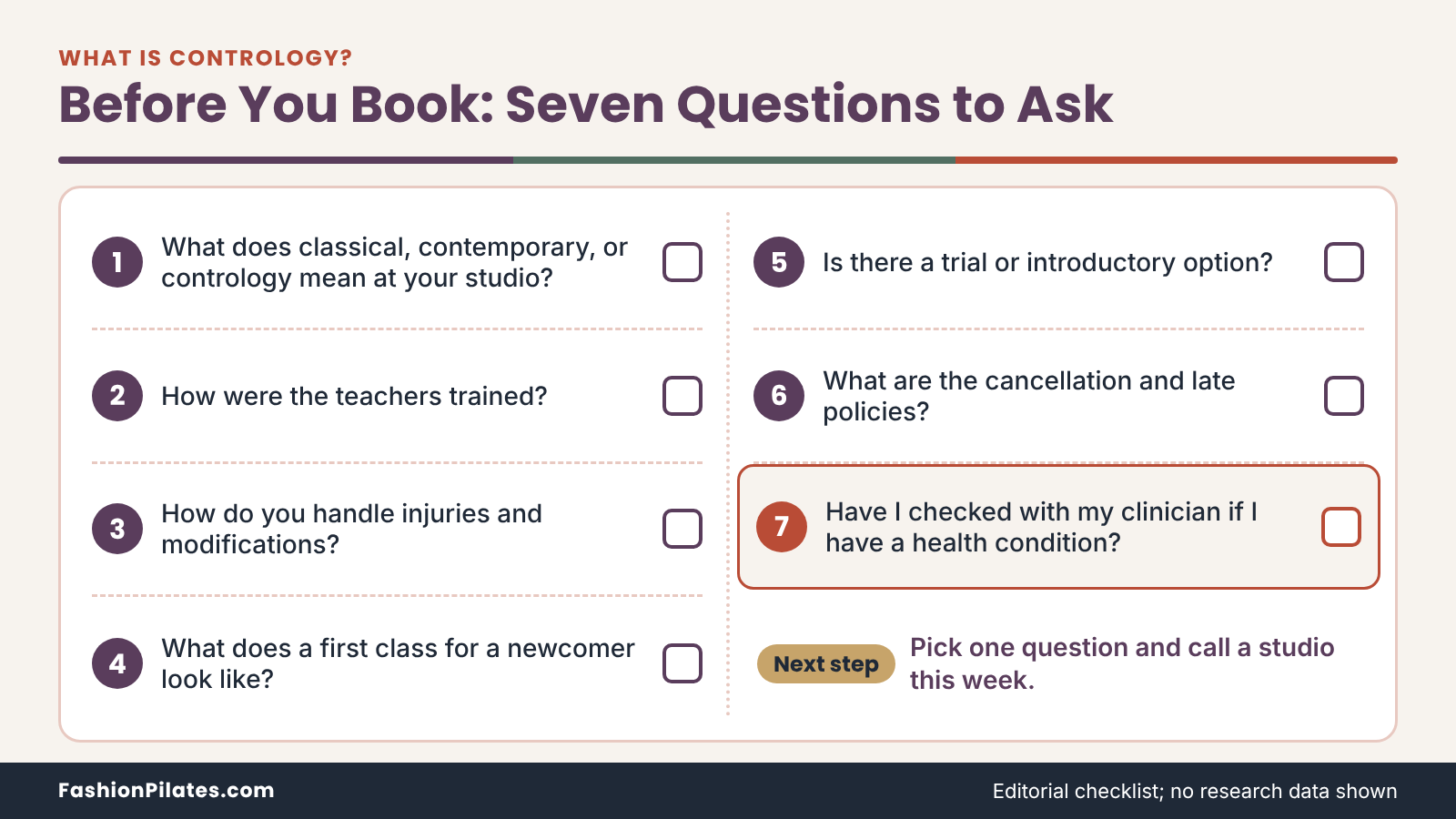 Checklist of seven questions to ask a studio before booking a contrology or classical Pilates class