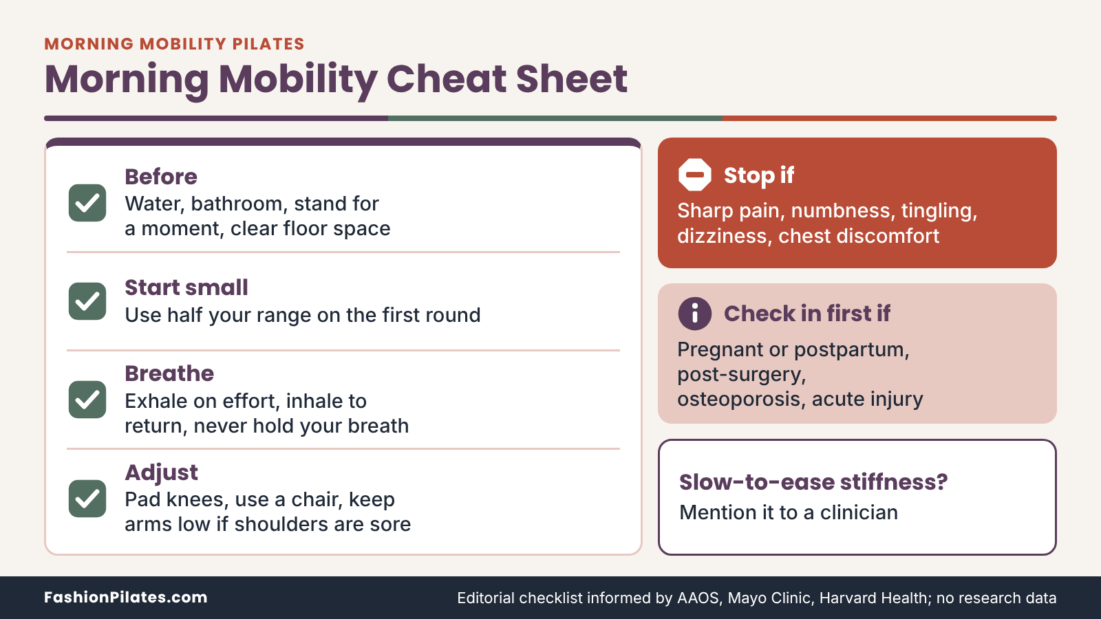 Morning mobility pilates checklist: setup, half-range start, breathing, adjustments, stop signals and when to check in