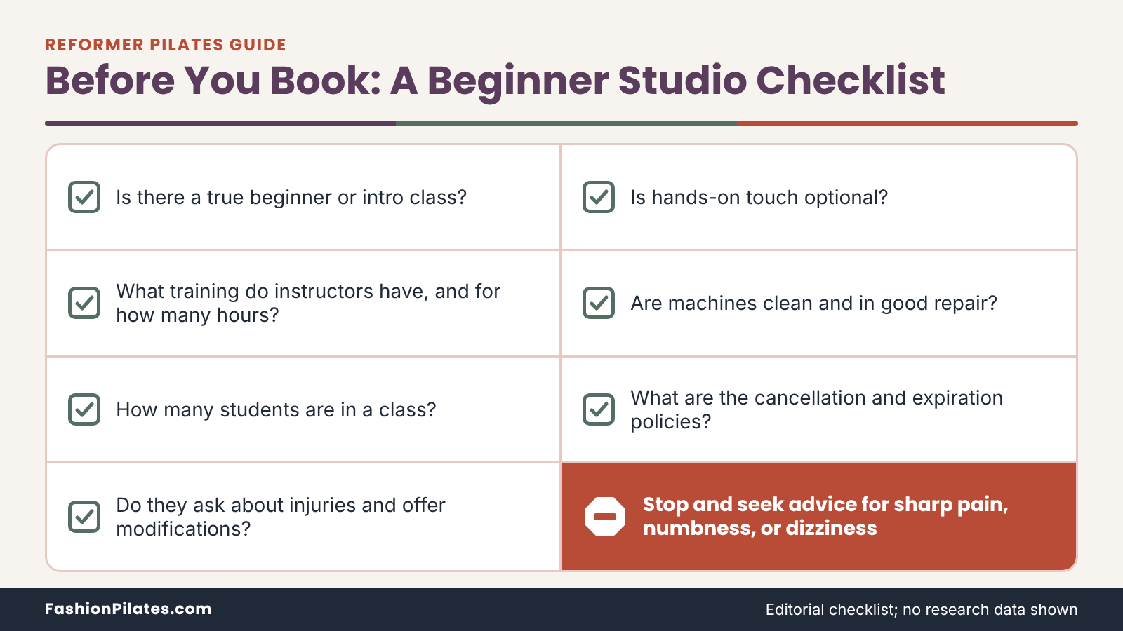 Checklist of questions to ask a studio before booking: beginner classes, instructor training, class size, touch, policies.